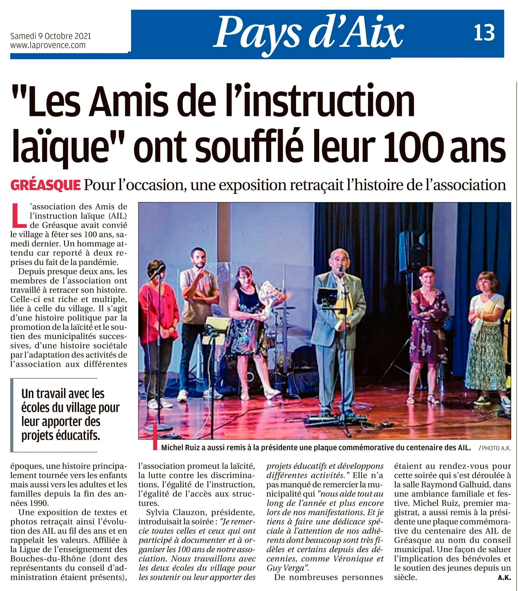 article 100 ans AIL Gréasque